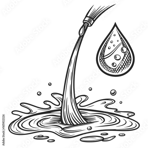 Liquid Pouring and Splashing: Monochrome Line Art Illustration