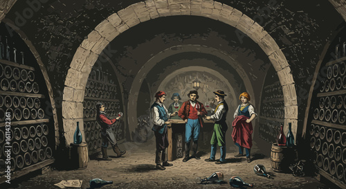 Vintage Wine Tasting in Stone Cellar with Arched Ceilings and Wine Racks
