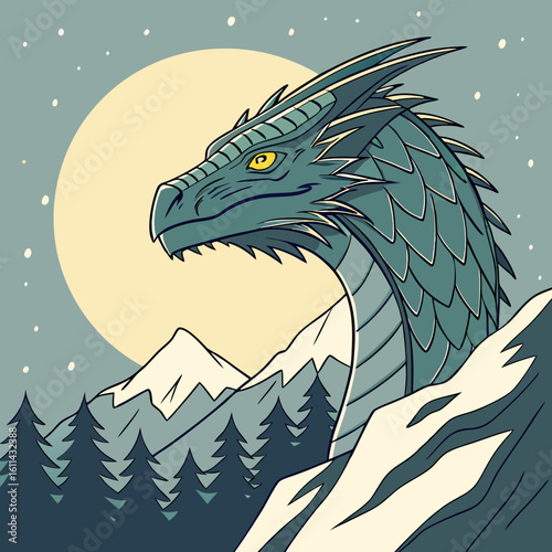 Majestic Blue Dragon in Snowy Mountain Landscape at Night