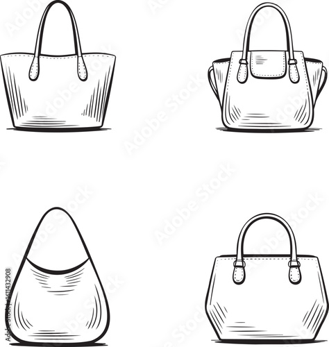Hand drawn style Ladies bag silhouette set  isolated on transparent background