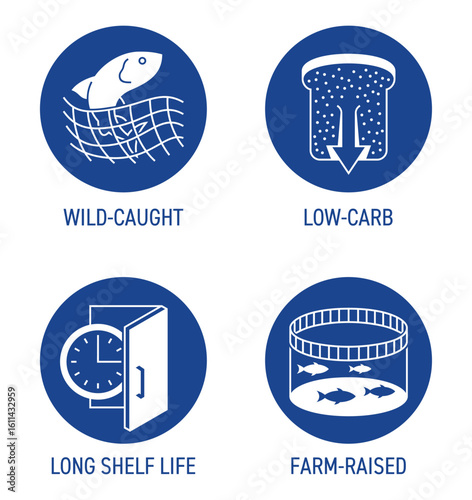 Fish can icons - Low-carb, Wild-caught, Farm-raised, Long shell life, in circle shape