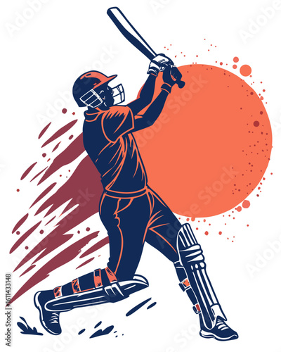 Dynamic illustration of a cricket batsman in action hitting a powerful shot with a red sun background