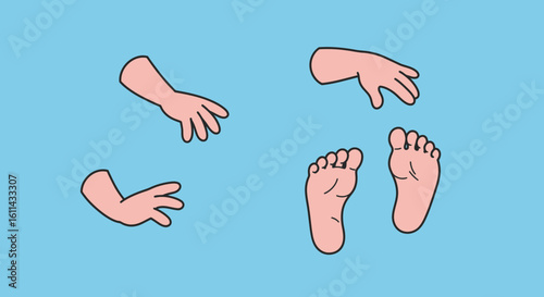 Cartoon illustration of hands and feet against a blue background in simple style