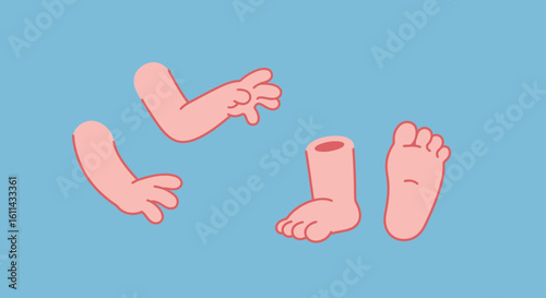 Cartoon illustration showcasing isolated human limbs on a solid light blue background