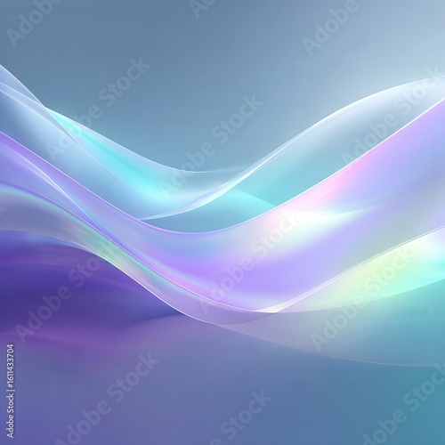 3D render of an abstract holographic background with wavy, flowing shapes and iridescent colors. The design features smooth curves in shades of blue, purple, pink, green, and.