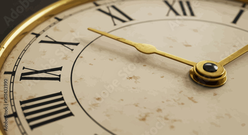 Antique Clock Face Close-up Showing Roman Numerals and Golden Hands