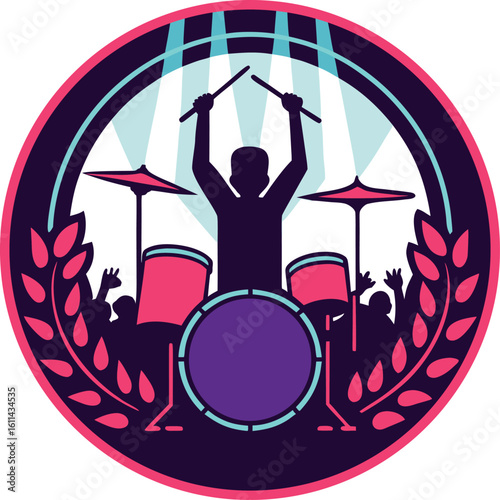 Energetic drummer silhouetted against vibrant stage lights raising drumsticks triumphantly amidst a cheering crowd celebrating a powerful live music performance within a circular emblem
