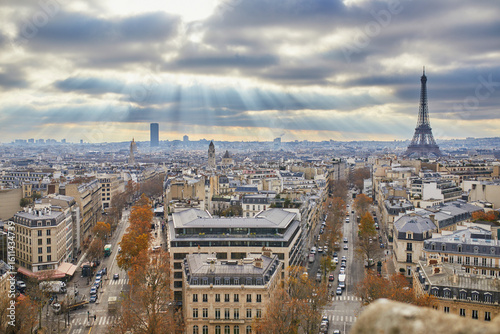 Aerial panoramic cityscape view of Paris, France with the Eiffel tower.