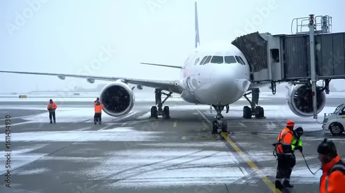 Airplane on snowy tarmac with ground crew