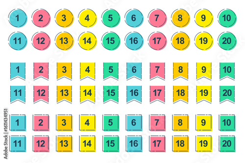 Summer Color Number Labels 1–20 – Circle, Ribbon, and Square (Vector)