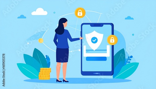 Cartoon female IT specialist uses a smartphone with a large mobile interface and shield icon, illustrating cybersecurity, OTP, and two-factor authentication for data protection.