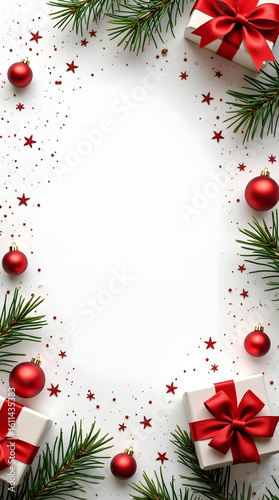 Branches de sapin de Noël, boîtes-cadeaux ornées d'un ruban rouge, décorations rouges, paillettes et confettis sur fond blanc. Carte de vœux pour Noël et le Nouvel An, vacances d'hiver. 