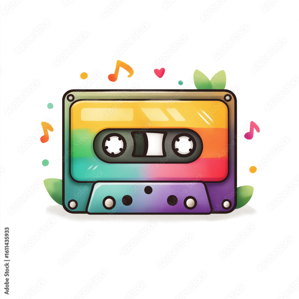 Obraz premium Colorful Retro Cassette Tape with Rainbow Gradient Fill and Bold Outline