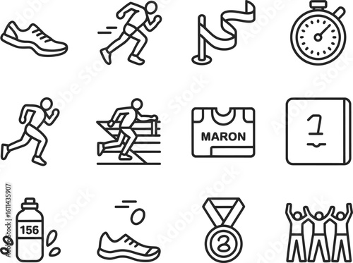 Set of simple line art icons representing running and athletics