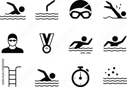 Collection of black and white swimming icons and symbols