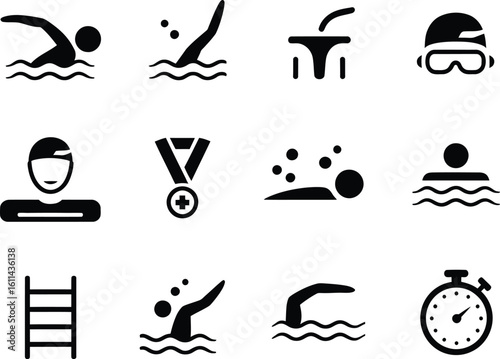 Collection of swimming icons representing various aquatic sports and activities