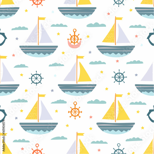 Sea boat seamless pattern, ship ocean kids texture, vector hand drawn nautical baby repeat print.