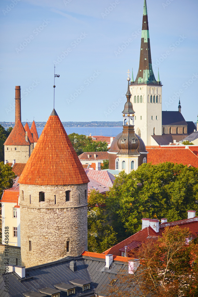 Fototapeta premium Scenic view of the old town in Tallinn, Estonia. Old Town of Tallinn preserved its Medieval origin, most of the buildings were built during 13-16 centuries.
