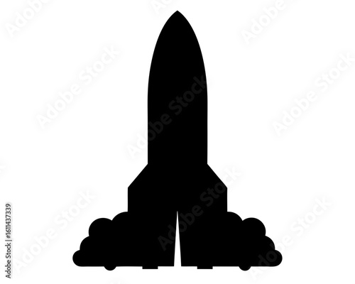 A bold black silhouette depicts a rocket ship taking off from the launchpad