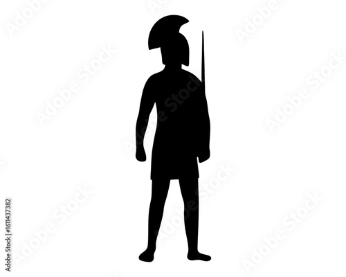 Silhouette of a spartan warrior wearing a helmet and holding a spear