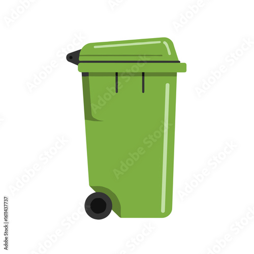 Green trash bin with wheels on transparent background  