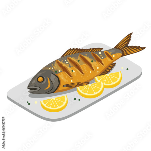Grilled fish with lemon wedges on white plate on transparent background, perfect for serving.