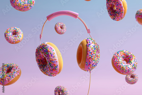 creative food concept showing headphones made from sweet donuts against pastel background
