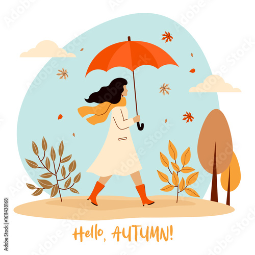 Elegant fall girl in raincoat under falling maple leaves with red umbrella. Hello Autumn card. Autumnal landscape with trees and bushes. Vector illustration. Not AI