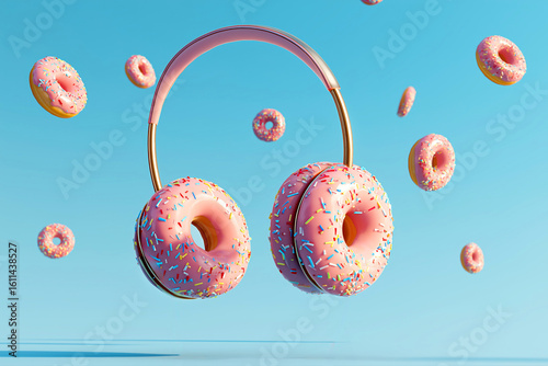 surreal donut headphones on pastel background