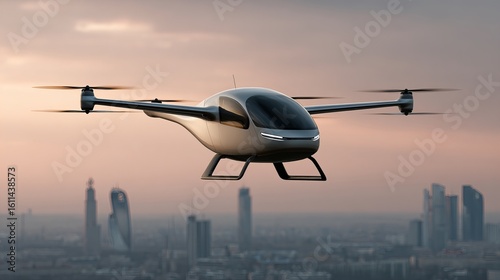 Electric vertical takeoff air taxi drone flying above skyline, futuristic city with hover cars, sunset clouds, soft cinematic look