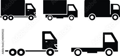 Truck icon illustration set Transportation, vehicle icon set. Glyph pictograms of travel, logistics, public transit Two semi truck icons front view black silhouette courier truck silhouette