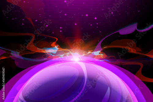 Abstract cosmic space background with vibrant purple planet, glowing nebula, and colorful energy waves. Perfect for sci fi themes, galaxy illustrations, and futuristic designs.