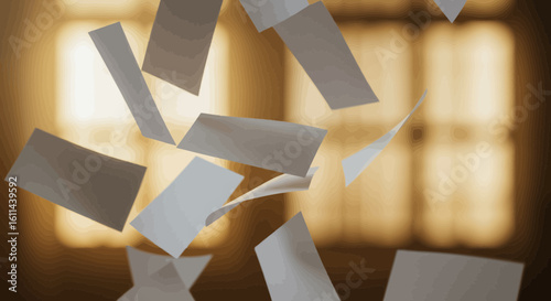 Abstract composition featuring dynamically falling sheets of white paper