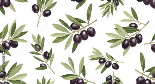 Elegant seamless pattern featuring black olives and green olive branches on white