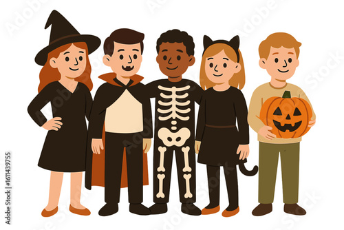 Black silhouettes of children in Halloween costumes were lined up for trick-or-treating