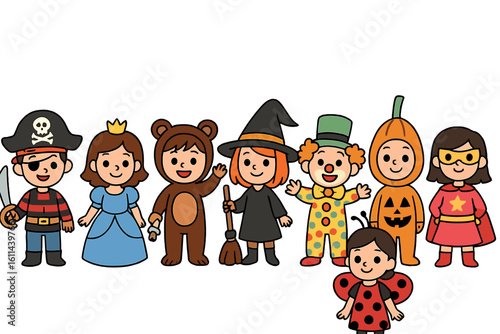Cartoon vector characters and costumes for kids at Halloween parties, including witches, monsters, pirates, and Dracula, are depicted in cute and festive illustrations