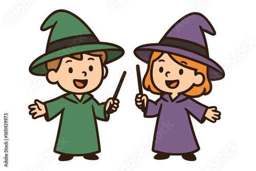 Children dressed in magical attire of witches and wizards, depicted in a vector cartoon illustration
