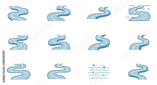 Collection of stylized vector river or water stream icons various forms isolated