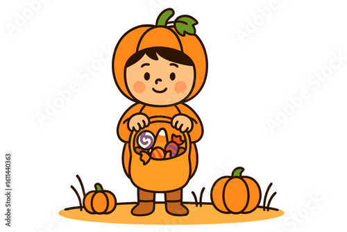 A boy dressed in a pumpkin costume and pumpkin hat for a Halloween party, holding a pumpkin bucket filled with candies, depicted in Halloween cartoon vector style