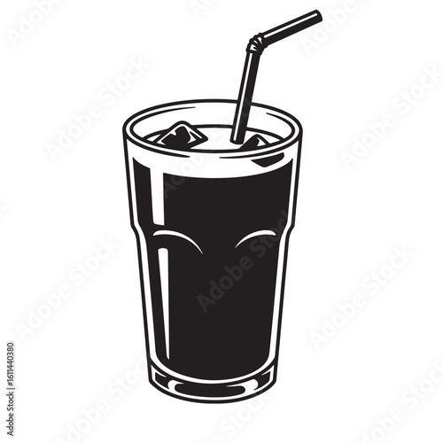 Black and white vector illustration of a refreshing iced beverage with a straw