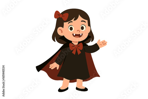 A happy youngster wearing a vampire outfit complete with a cape for Halloween
