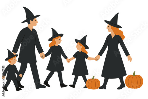 A happy family, clad in Halloween attire, strolled and went trick-or-treating on the evening of Halloween