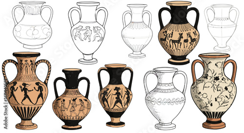 Collection of decorative ancient Greek pottery vases with detailed drawings and designs