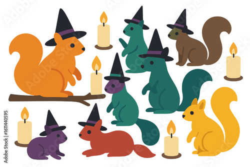 Flat vector collection of cartoon squirrel in Halloween costumes, including ghost, vampire, and witch hat, skull, star, and candles, for the autumn season