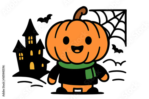 A youngster dressed for Halloween with a pumpkin perched atop their head