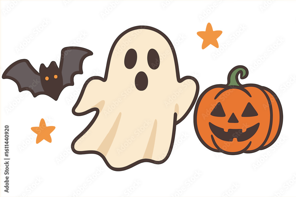 Fototapeta premium Collection of halloween cartoon images featuring pumpkins, ghosts and bats in an autumn arrangement, created in a vector flat design style