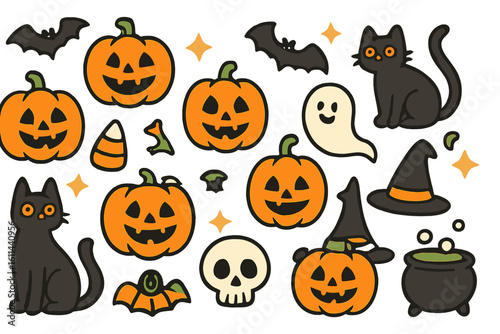 A set of adorable and humorous Halloween vector icons showcasing ghosts, pumpkins, and a black cat