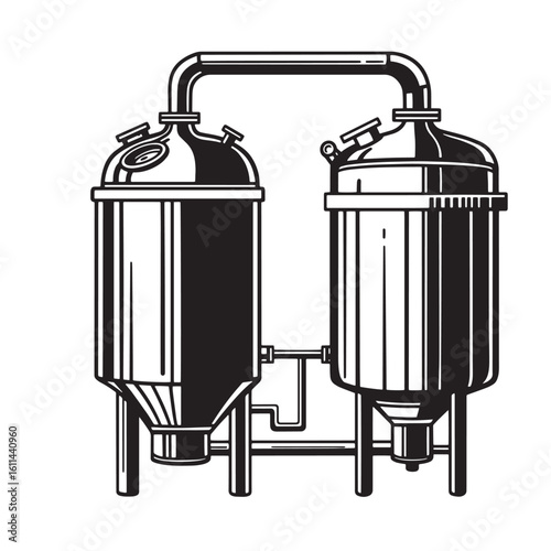 Brewery equipment illustration featuring black and white sketch of fermentation tanks