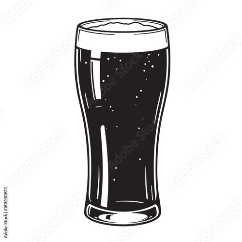 Classic black and white illustration of a pint glass filled with dark beer