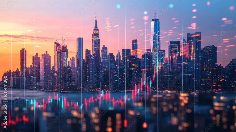 Fototapeta premium New York City skyline at sunset with superimposed stock market graph.